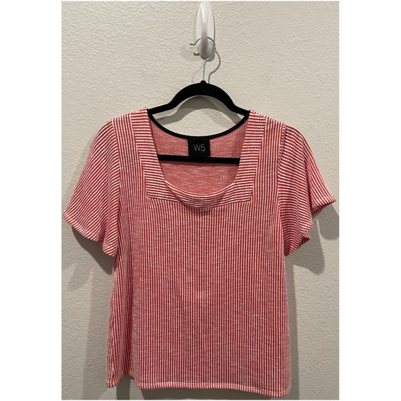 W5 Red White Stripe Short Flutter Square Neck Blouse - Picture 1 of 4